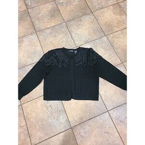 Nina Leonard Cardigan Sweater Crop Open Front Black Long Sleeve Sz XLarge